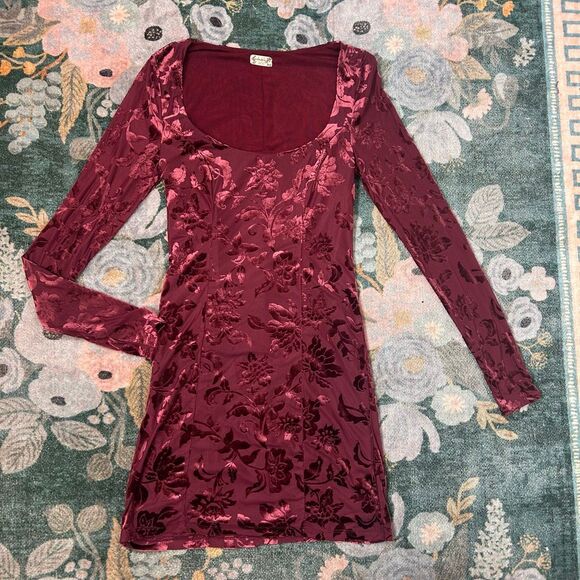 Free People Lotta Love Slip Dress Small Burgundy Red Velvet Burnout Floral Mini - Picture 8 of 14